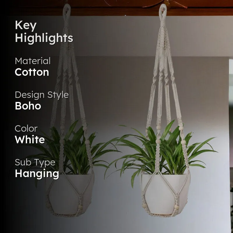 Two white hanging plant holders shown with green plants and product details