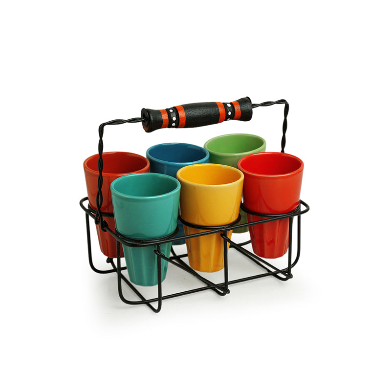 Mitti Rang Ceramic Cutting Chai Glass With Holder (110 ML Each) - Seven Piece Set image 3