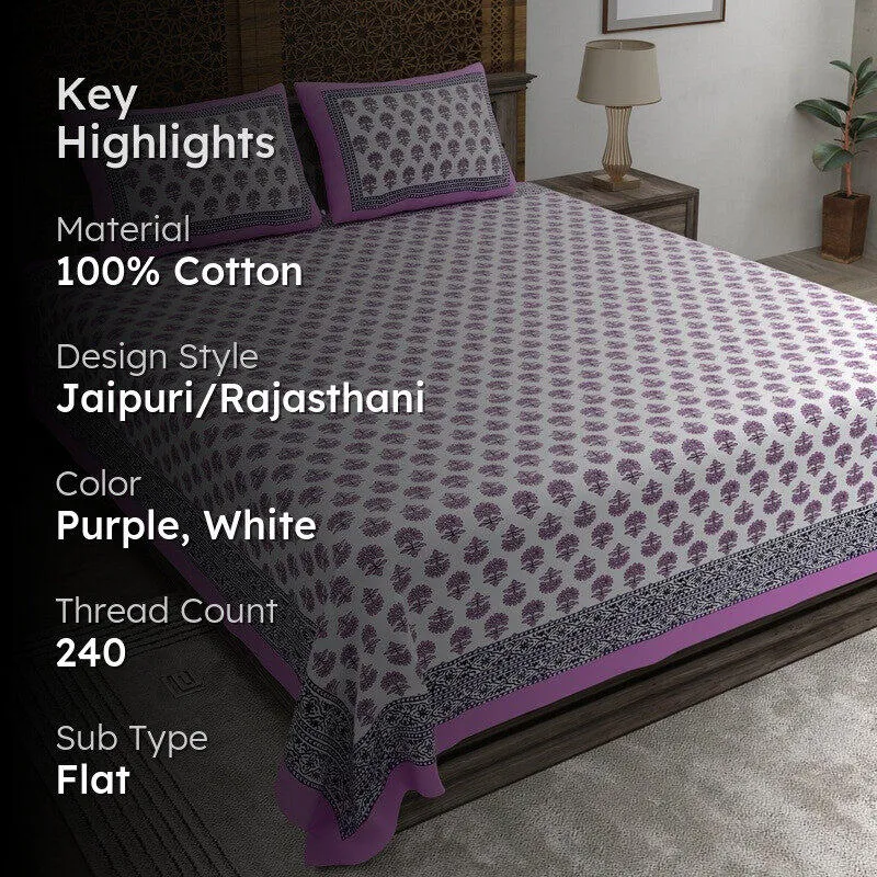 Designio Cotton Bedsheet (Purple,White) - 240 TC media 2