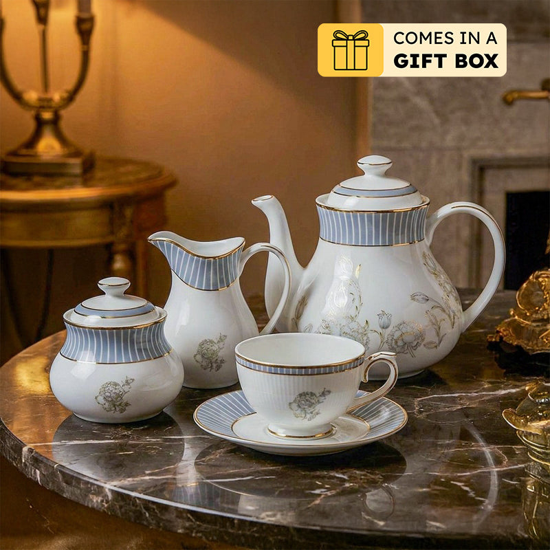 Gilded Iris 24k Gold Brushed Porcelain Tea Set With Tea Pot (Grey) - Seventeen Piece Set