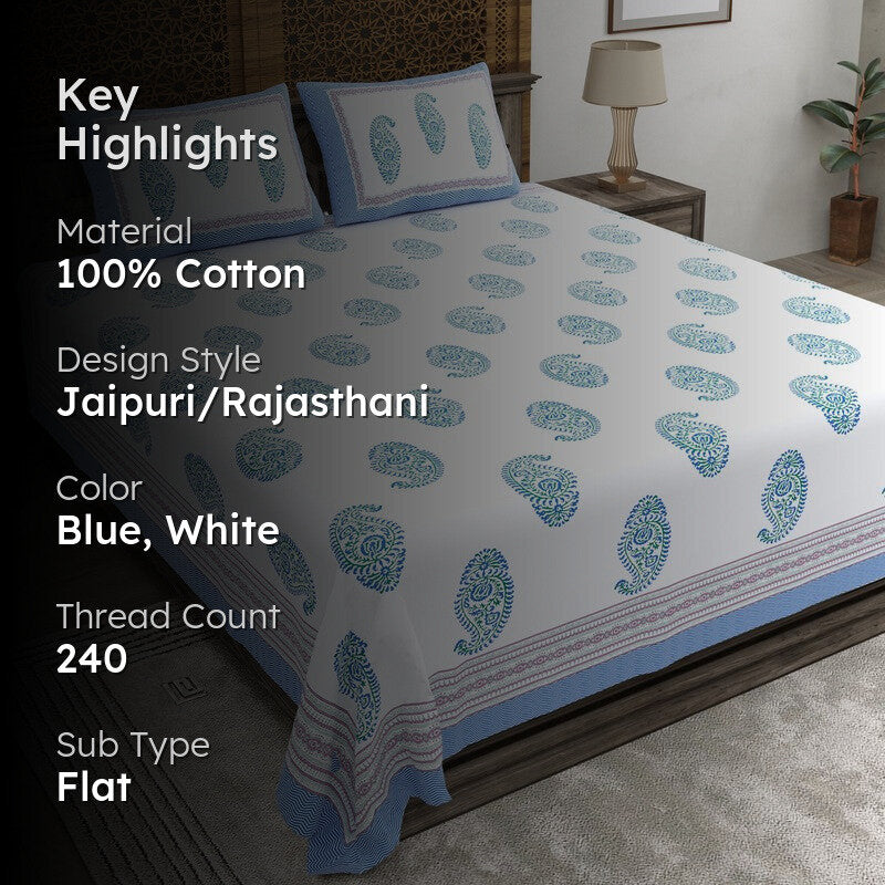 Arta Cotton Bedsheet (Blue,White) - 240 TC media 2