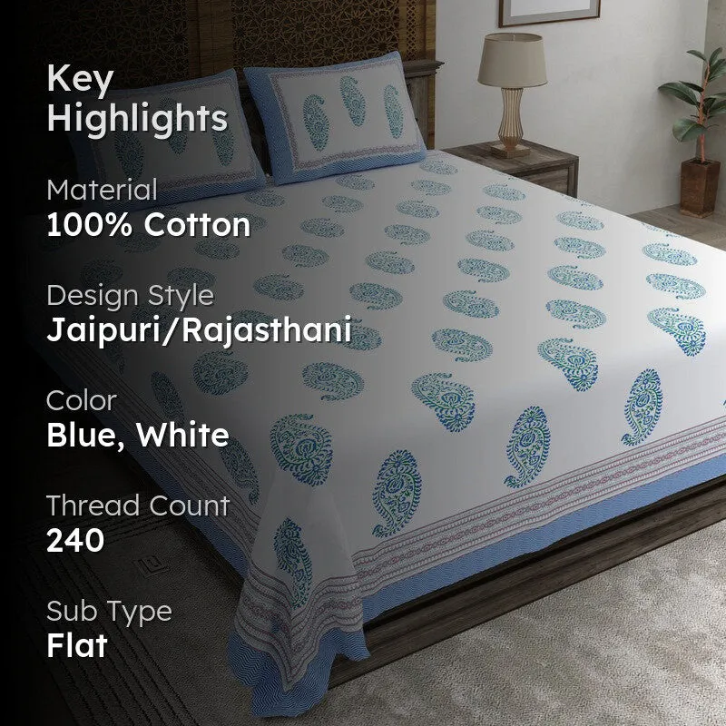 Arta Cotton Bedsheet (Blue,White) - 240 TC media 2