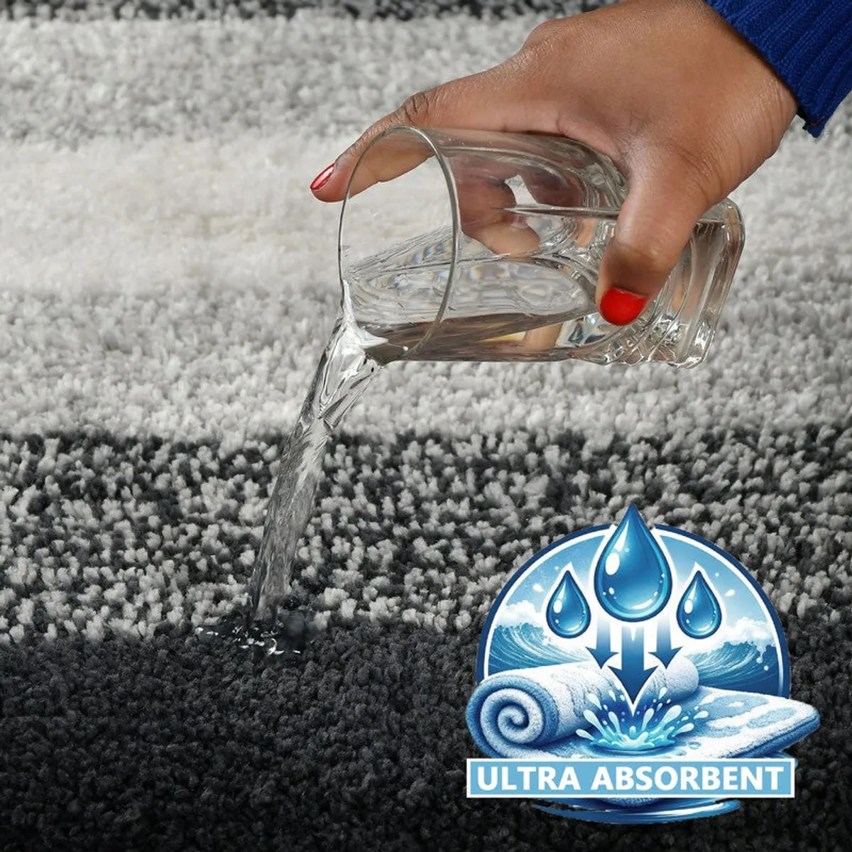 Close-up of water being poured onto the textured bath mat surface