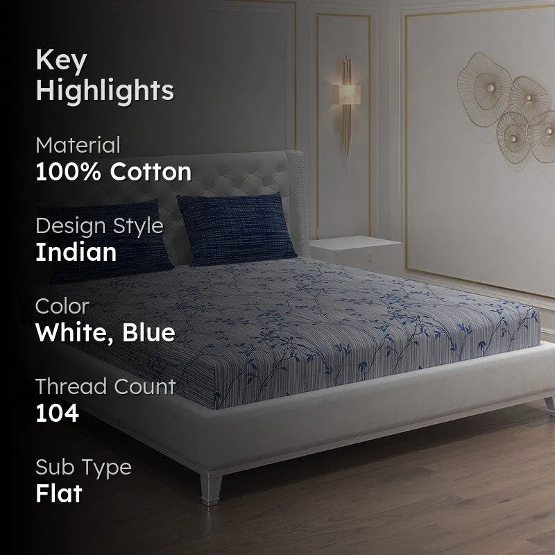 Monte Carlo Flora Form Cotton Bedsheet (White,Blue) - 104 TC media 2