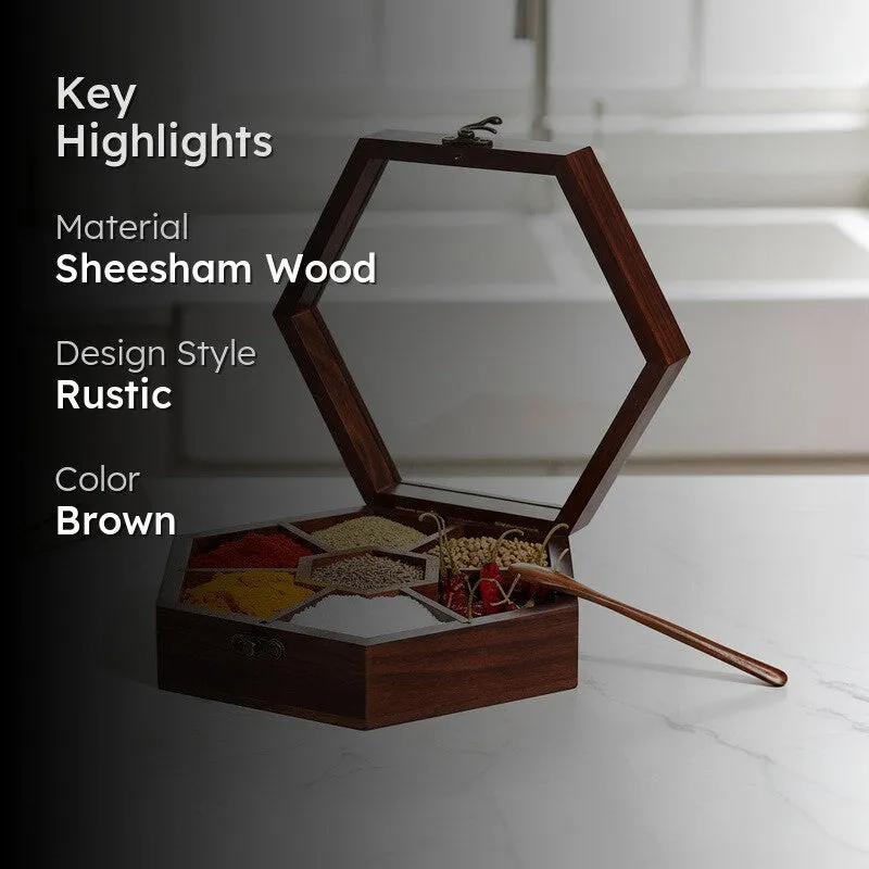 Rasoi Sheesham Wood Hexagon Masala Box - Two Piece Set media 2