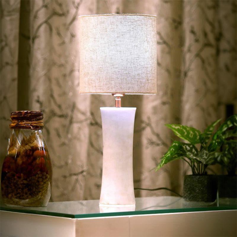 Concave Hand Crafted Marble Fabric Table Lamp - Beige,White media 3