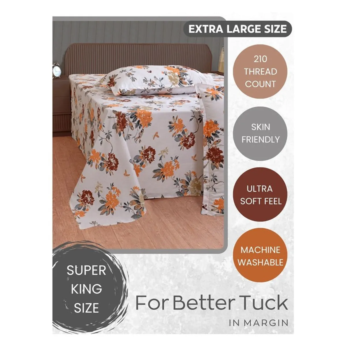 Floral bedsheet and pillow cover set shown on a bed