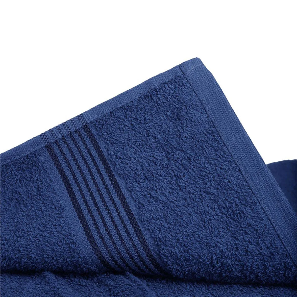 Close-up of dark blue towel with striped border detail