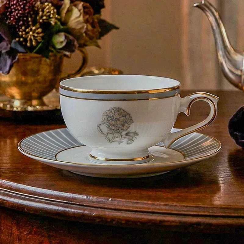Gilded Iris 24k Gold Brushed Porcelain Tea Cup & Saucer (Grey/ 280 mL) - Set of Six media 3