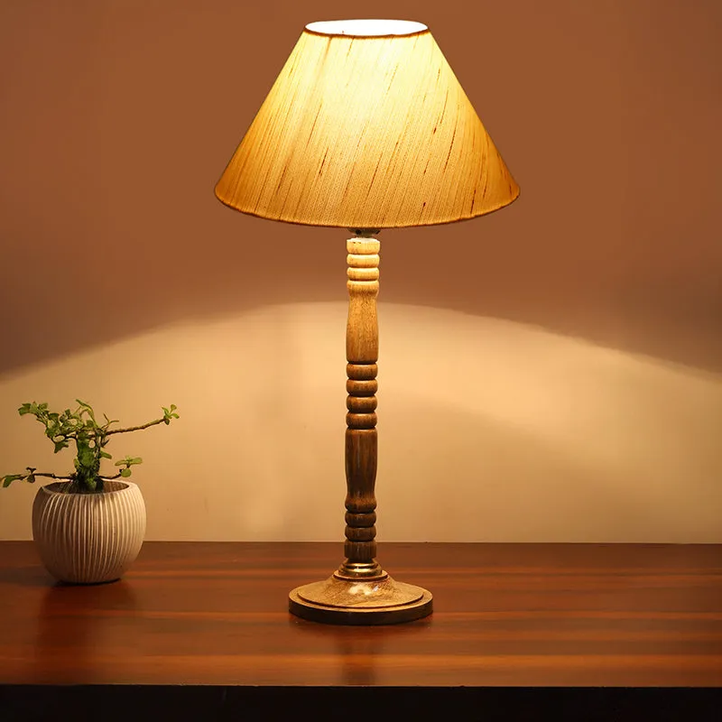 Glow Mesa Table Lamp With Carved Wooden Base - Ivory,Brown media 2