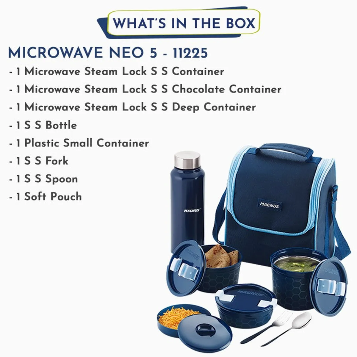 Blue lunch set with containers, bottle, soft pouch, spoon and fork