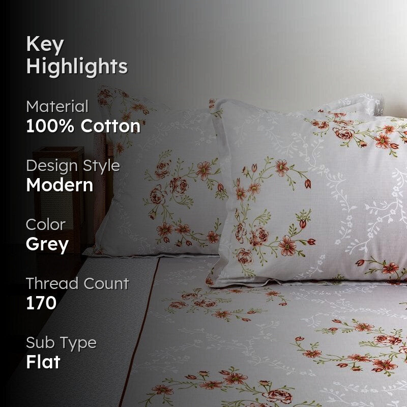 Floral Bouquet Cotton Bedsheet (Grey) - 170 TC media 2