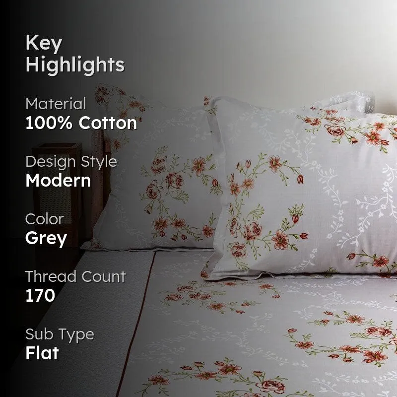 Floral Bouquet Cotton Bedsheet (Grey) - 170 TC media 2