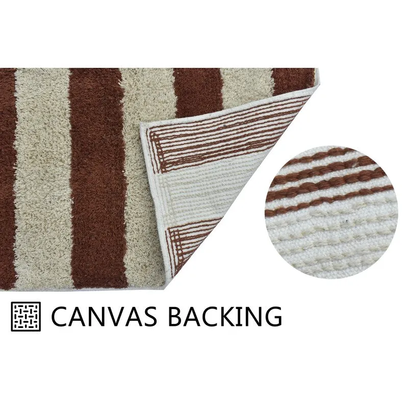 Canvas backing detail shown beneath the striped bath mat