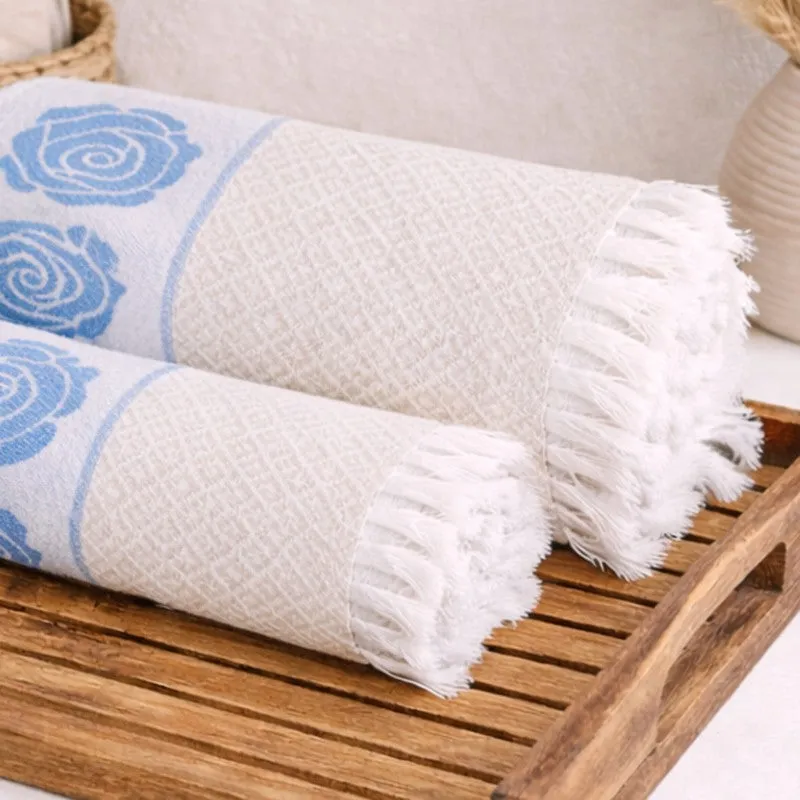 Rosette Cotton Hand & Bath Towel (Blue & White) - Set of Two media 9