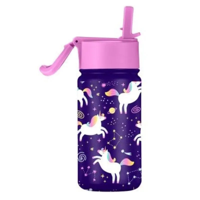 Purple insulated bottle with pink straw lid and whimsical character pattern on a white background