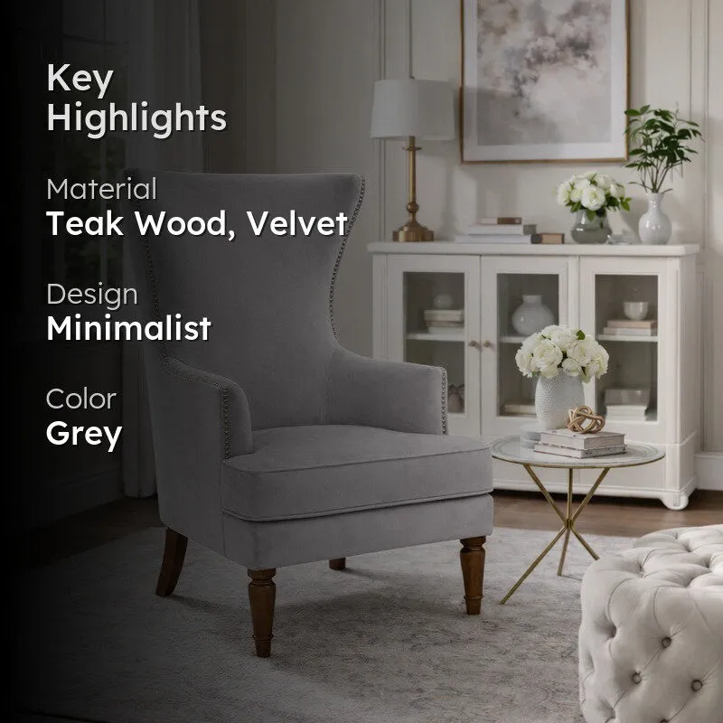 Elysian Teak Wood & Velvet Plush Lounge Chair - Grey media 2