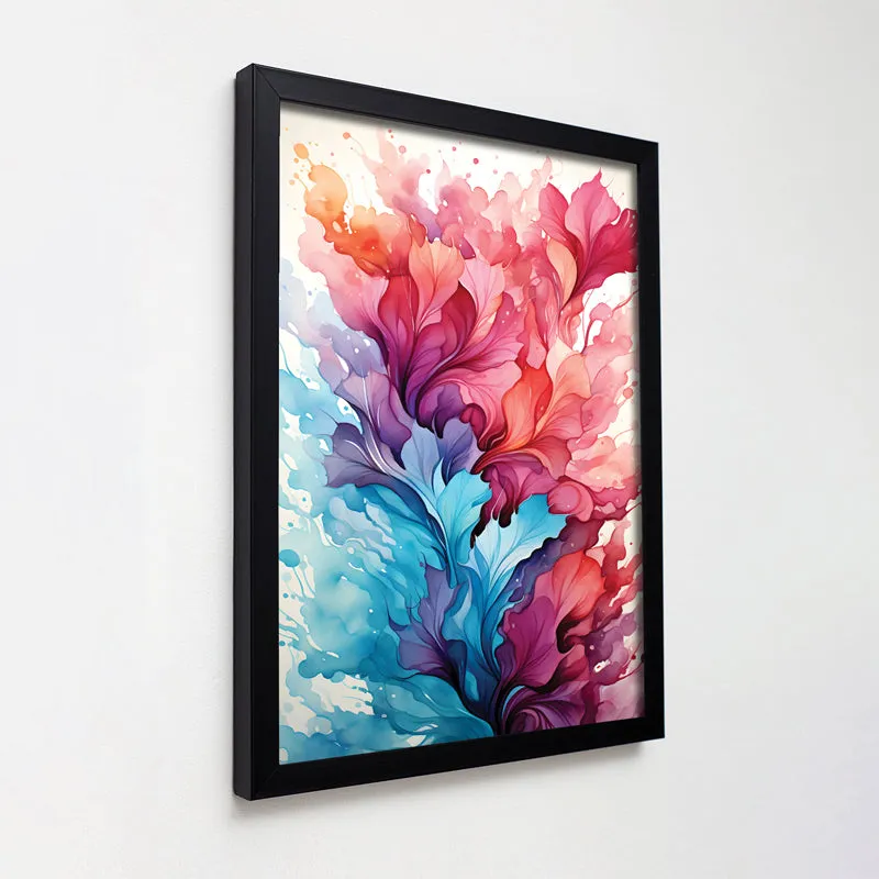 Angled view of framed abstract wall art in blue, pink and red tones