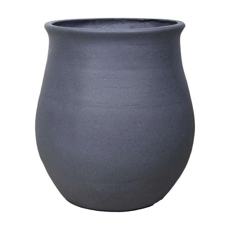Close-up of the grey planter's rounded body and gently flared rim