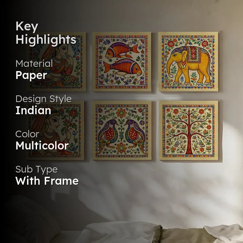 Madhubani Traditional Paper Wall Painting With Frame - Set Of Six media 2
