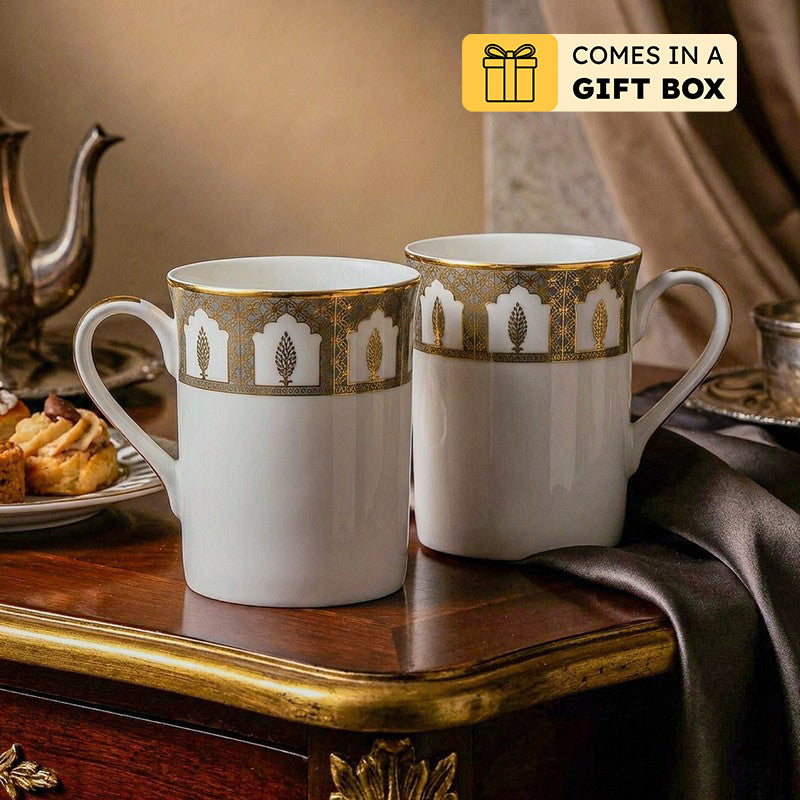 Gilded Chinar 24k Gold Brushed Porcelain Coffee Mug (300 mL Each) - Set of Two