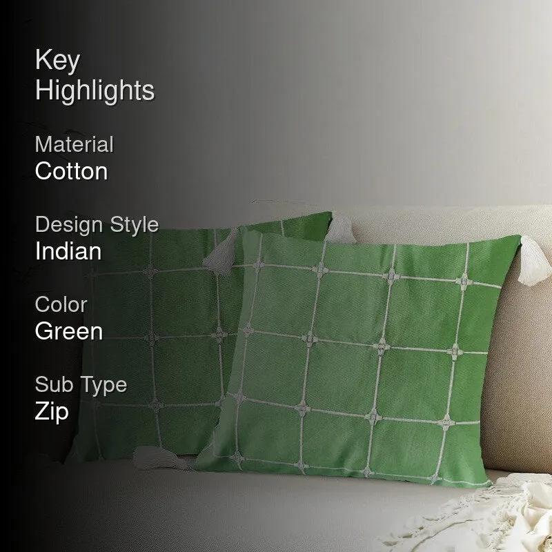 Urban Space Modern Grid Green Cotton Cushion Covers - Set Of Two media 2