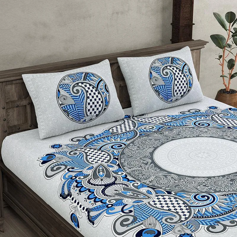 Padmini Pride Ethnic Cotton Bedsheet (Blue) - 140 TC media 4