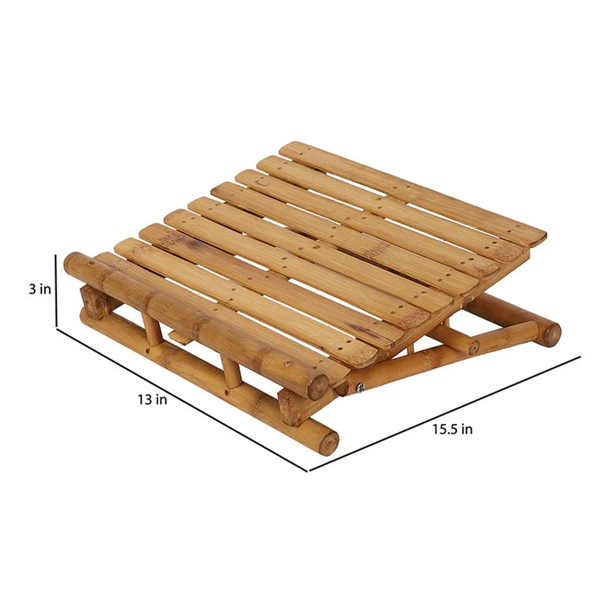 Bamboo laptop stand with visible length, width and height markers