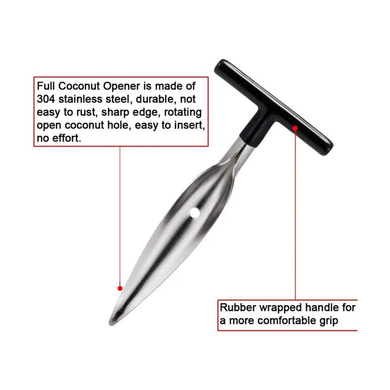 Close-up of the steel coconut opener with its black handle and pointed body