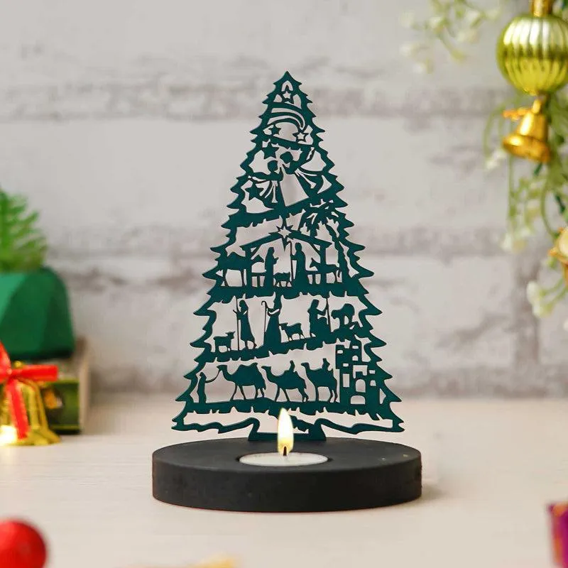 Manger & Tree Wood Christmas Tea Light Holder - Green media 1