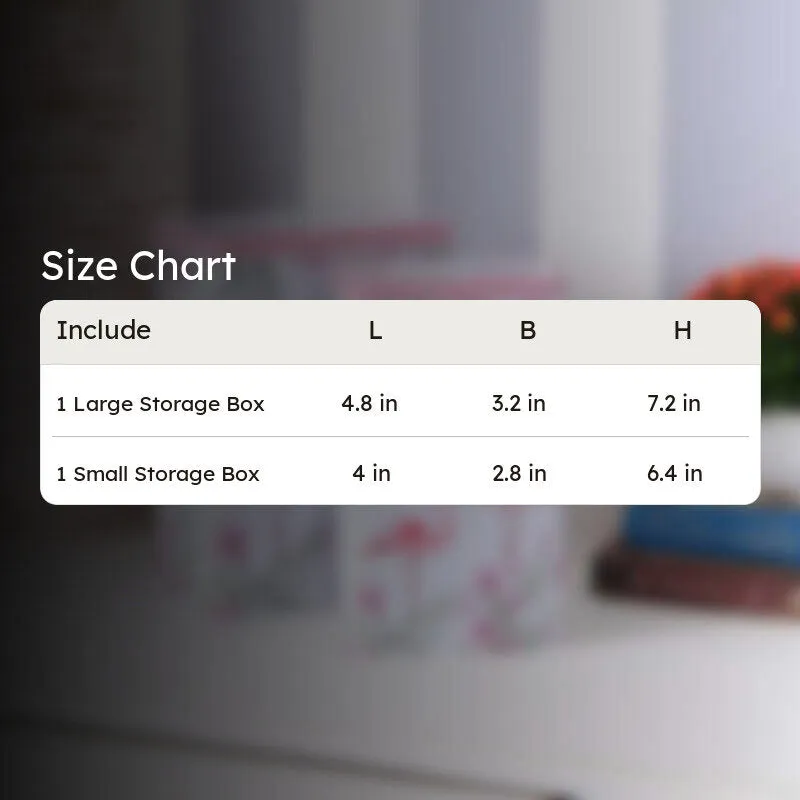 Size chart graphic for large and small storage boxes