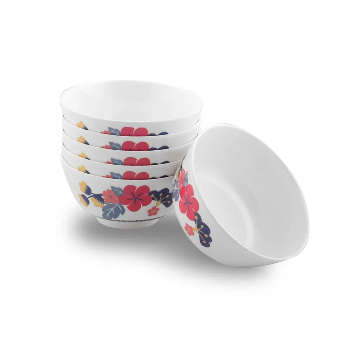 Five stacked floral bowls with one bowl tilted in front