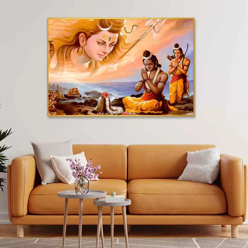 Shiva Dharshan Spiritual Canvas Wall Painting With Frame - Gold media 1