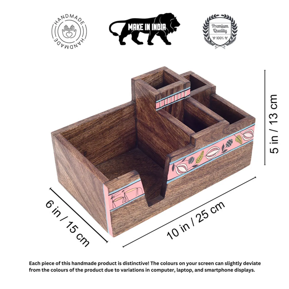 Brown wooden cutlery holder shown with a dimension graphic