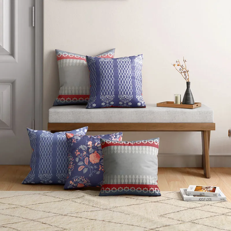 India Circus Crowned Rose Printed Velvet Cushion Cover - Set Of Five media 1