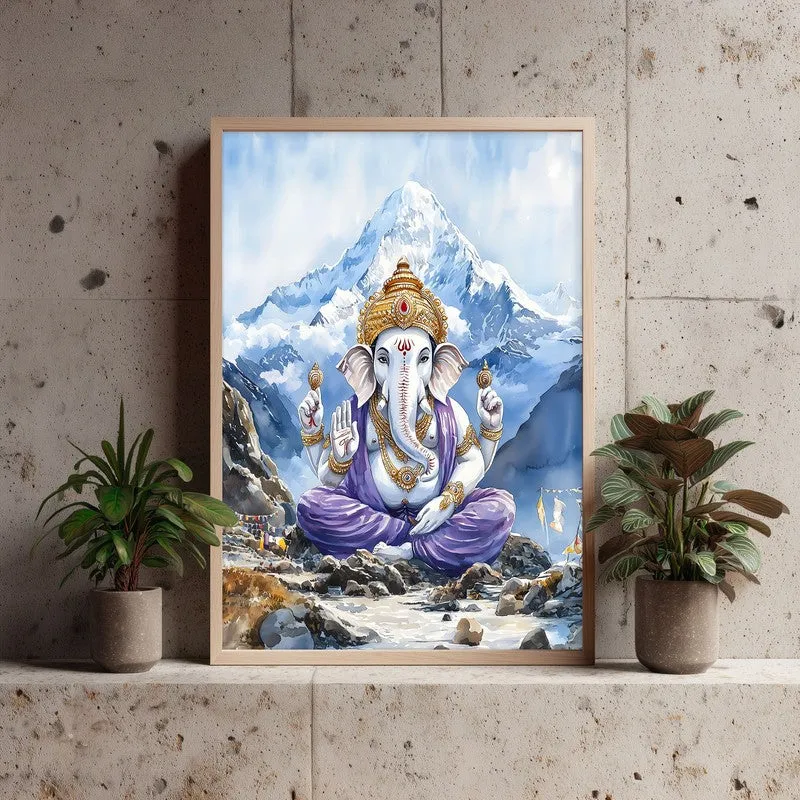 Ganapati Of The Heights Spiritual Archival Paper Wall Painting - Natural Brown Frame media 3