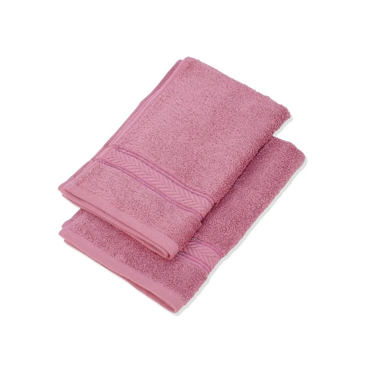 Stacked pink hand towels on a white background