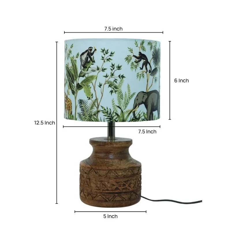 Table lamp with jungle print shade shown with dimension markers