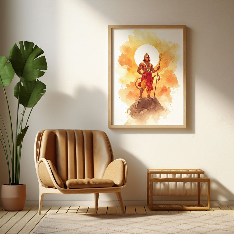 Sri Hanuman with Sun Aura II Archival Paper Wall Art - Natural Brown Frame