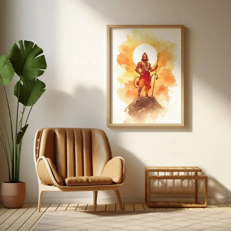 Sri Hanuman with Sun Aura II Archival Paper Wall Art - Natural Brown Frame media 1