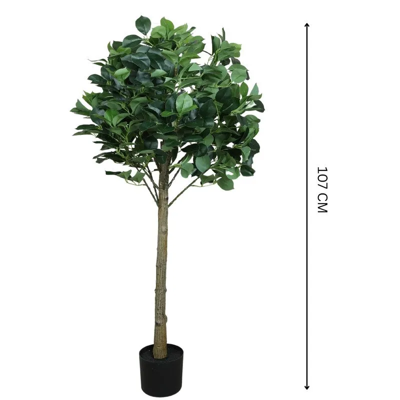 Artificial green topiary plant shown with a vertical height guide