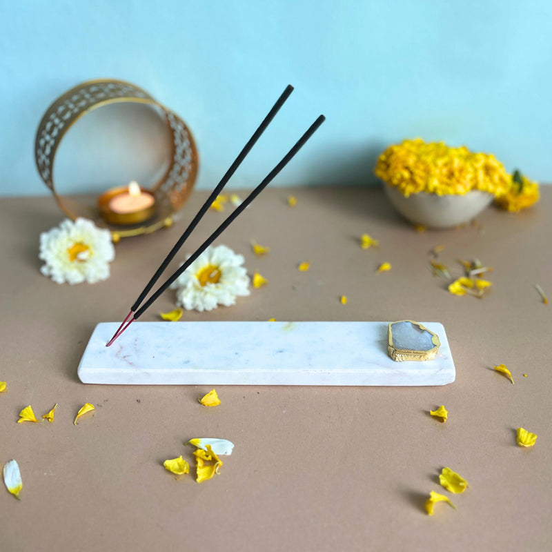 Nima Marble Incense Holder With Agate Plating - White