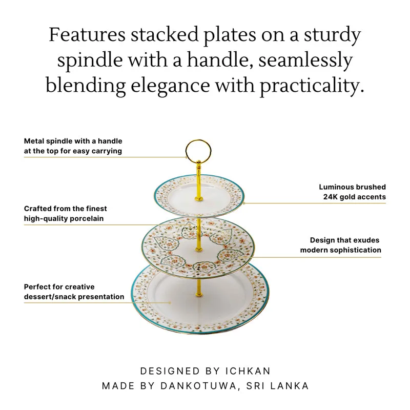 Three-tier porcelain dessert stand shown with gold spindle, handle and floral plates