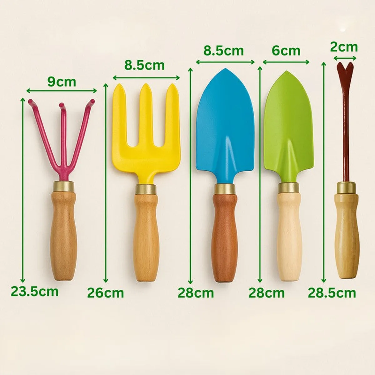 Five garden tools displayed with individual width and length measurements