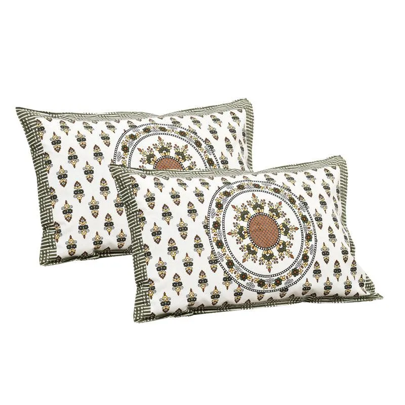 Navika Ethnic Cotton Flat Bedsheet (White & Olive) - 160 TC media 3