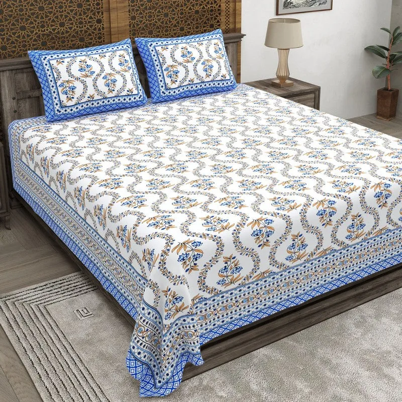 Griden Cotton Bedsheet (Blue,White) - 240 TC media 1
