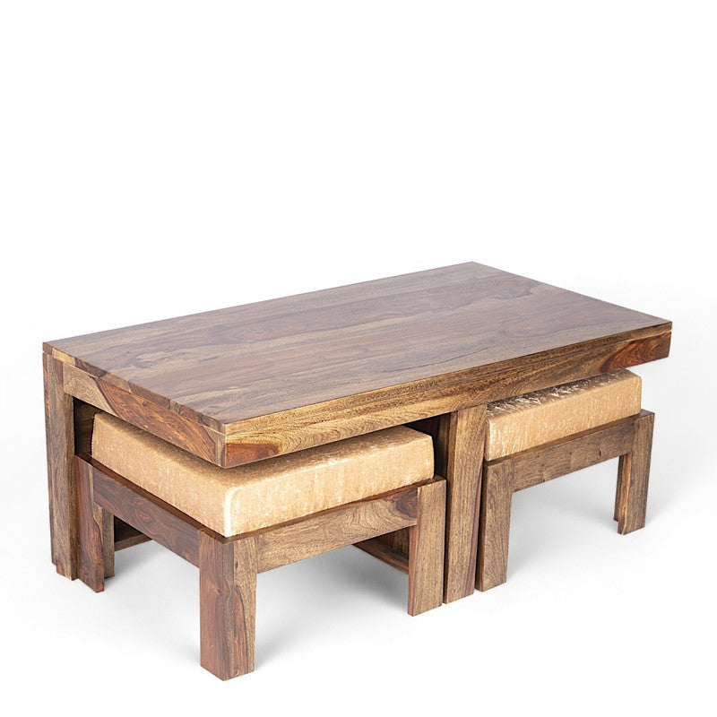 Drexon Sheesham Wooden Center Table with Stools (Brown,Grey) - Five Piece Set media 4