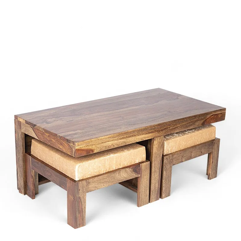Drexon Sheesham Wooden Center Table with Stools (Brown,Grey) - Five Piece Set media 4