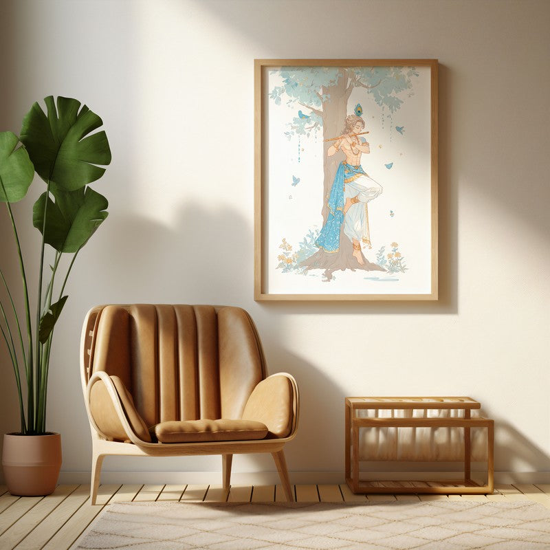 Lord Krishna Keshav Charming Archival Paper Wall Art - Natural Brown Frame