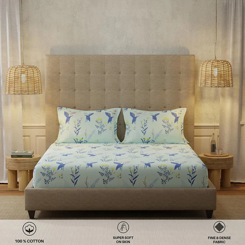 Front view of mint blue bird and floral print bedsheet with two matching pillow covers